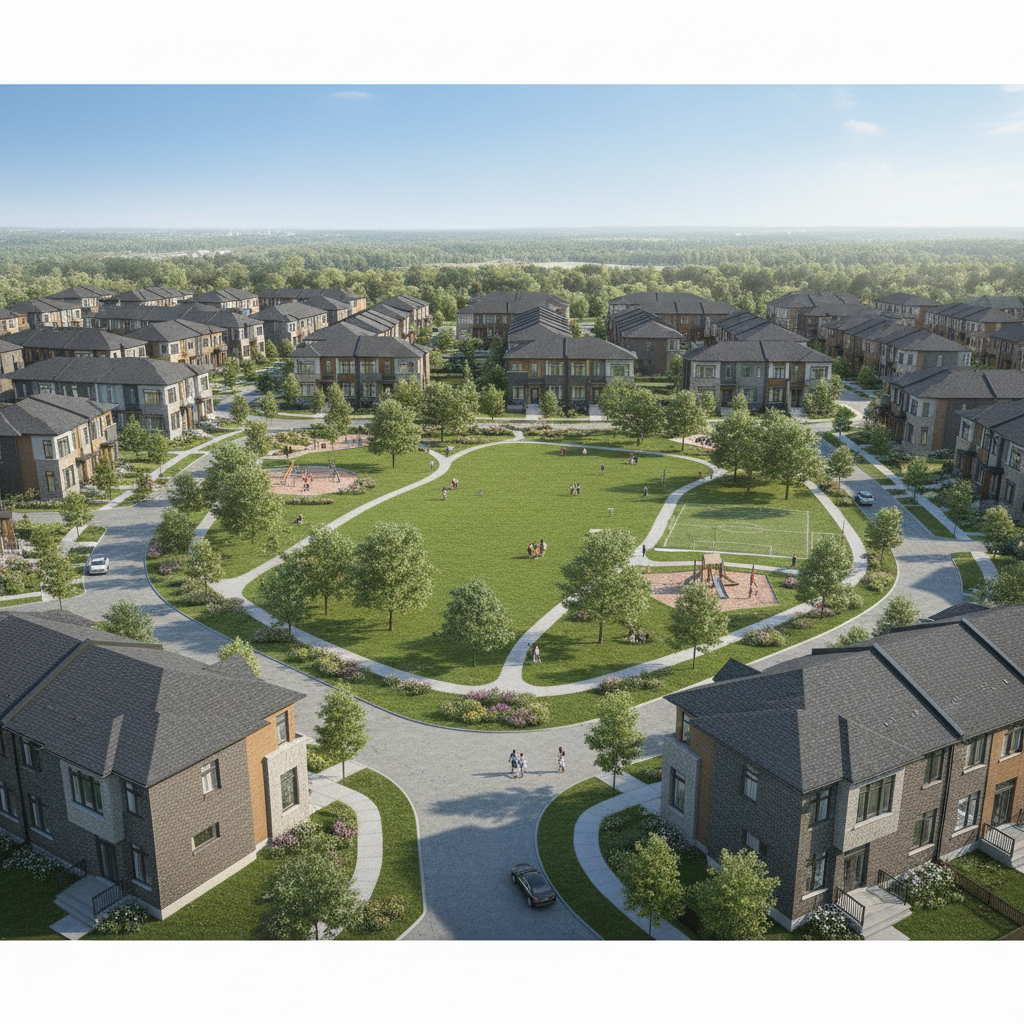Aerial view of a suburban neighborhood with rows of houses surrounding a central park featuring trees, walking paths, and playgrounds with children playing.
