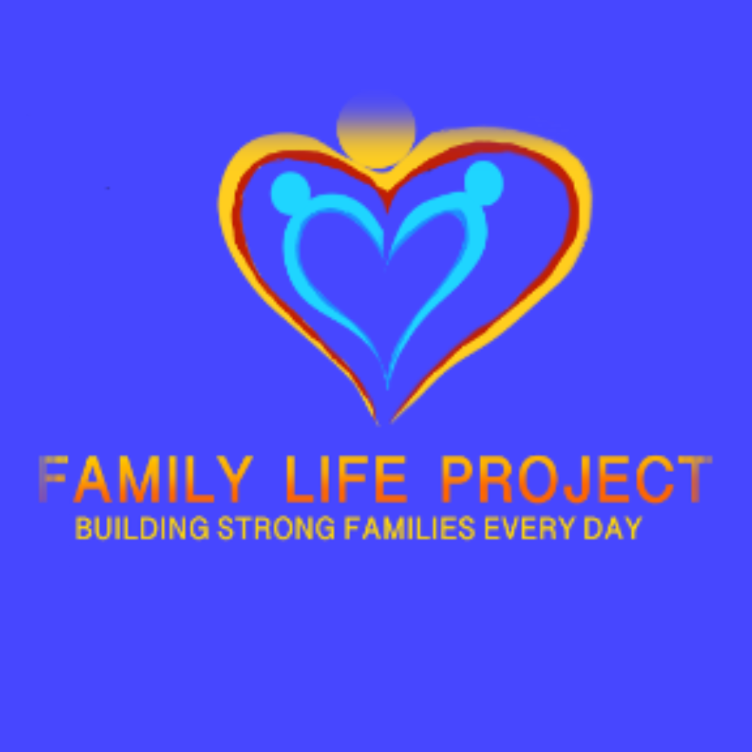 Logo for Family Life Project with a stylized heart and two figures inside, on a blue background, with the slogan 'Building Strong Families Every Day'.