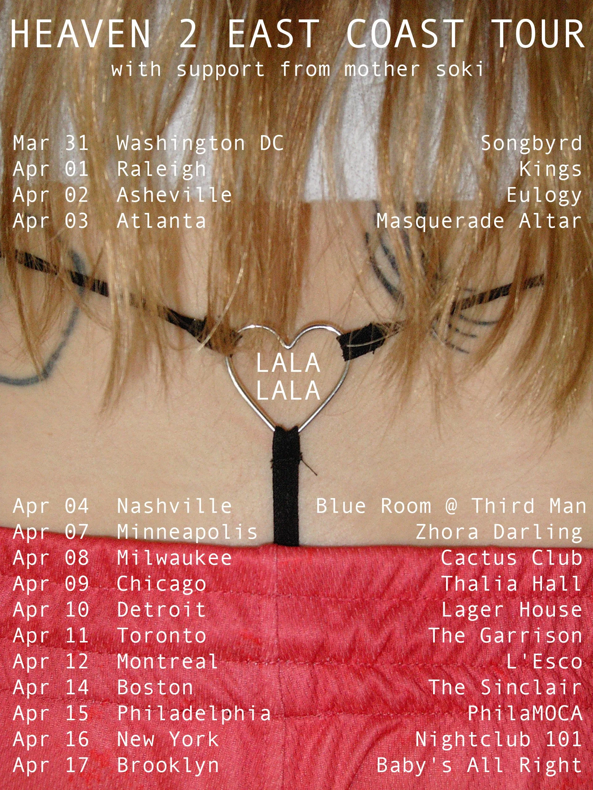 A tour poster featuring a close-up of a person's neck with a heart-shaped necklace that says "LALA LALA." The background is divided into a tan-colored top half with event details and a red bottom half listing tour dates and venues.