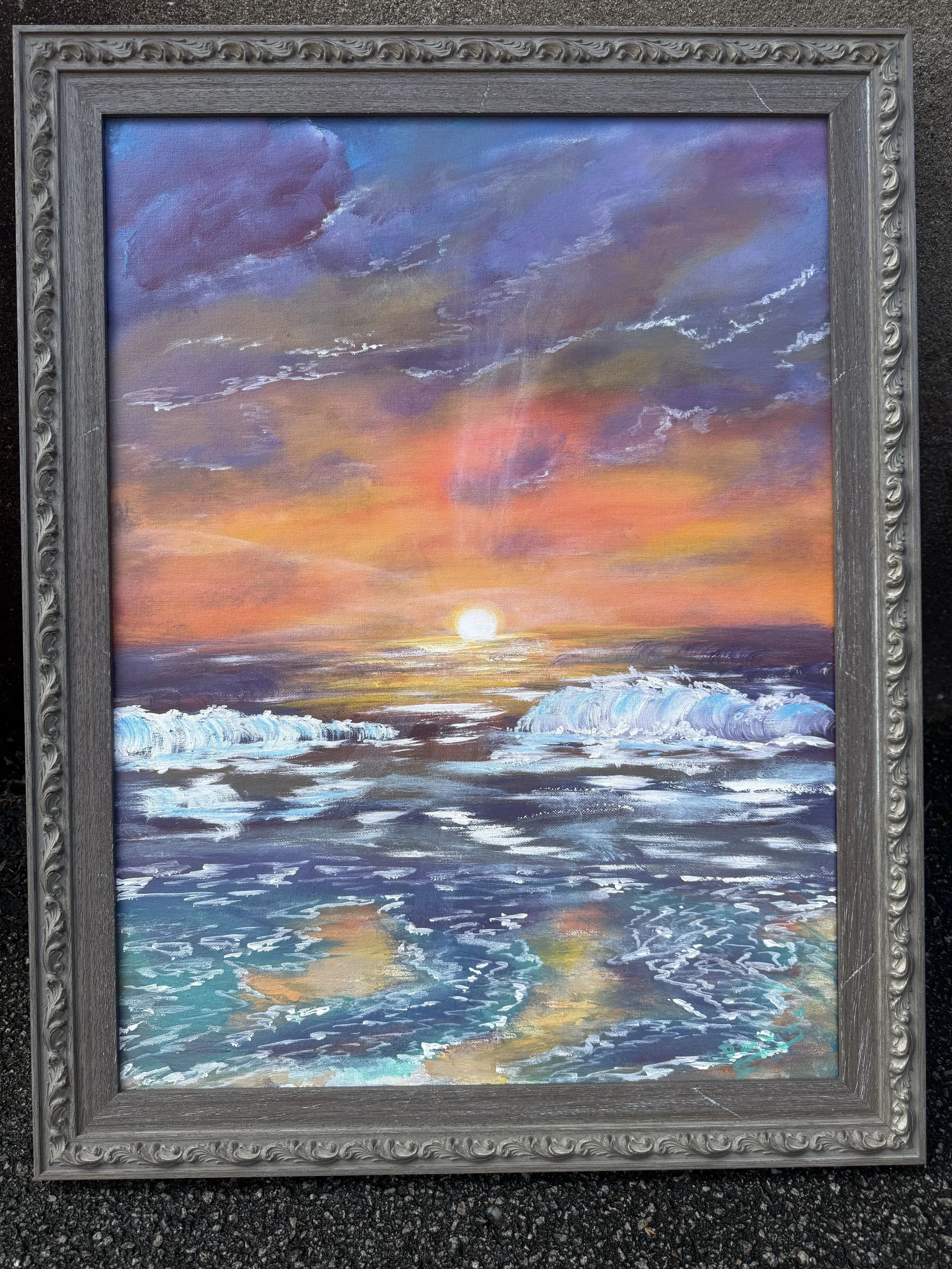 Painting of a sunset over the ocean with waves and a colorful sky of purple, pink, orange, and blue.