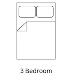A simple line drawing of a three-bedroom floor plan with two beds side by side at the top, a door in the middle left, and the label '3 Bedroom' at the bottom.