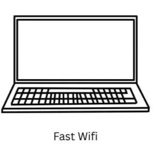 Line drawing of a laptop with the words 'Fast WiFi' below it.