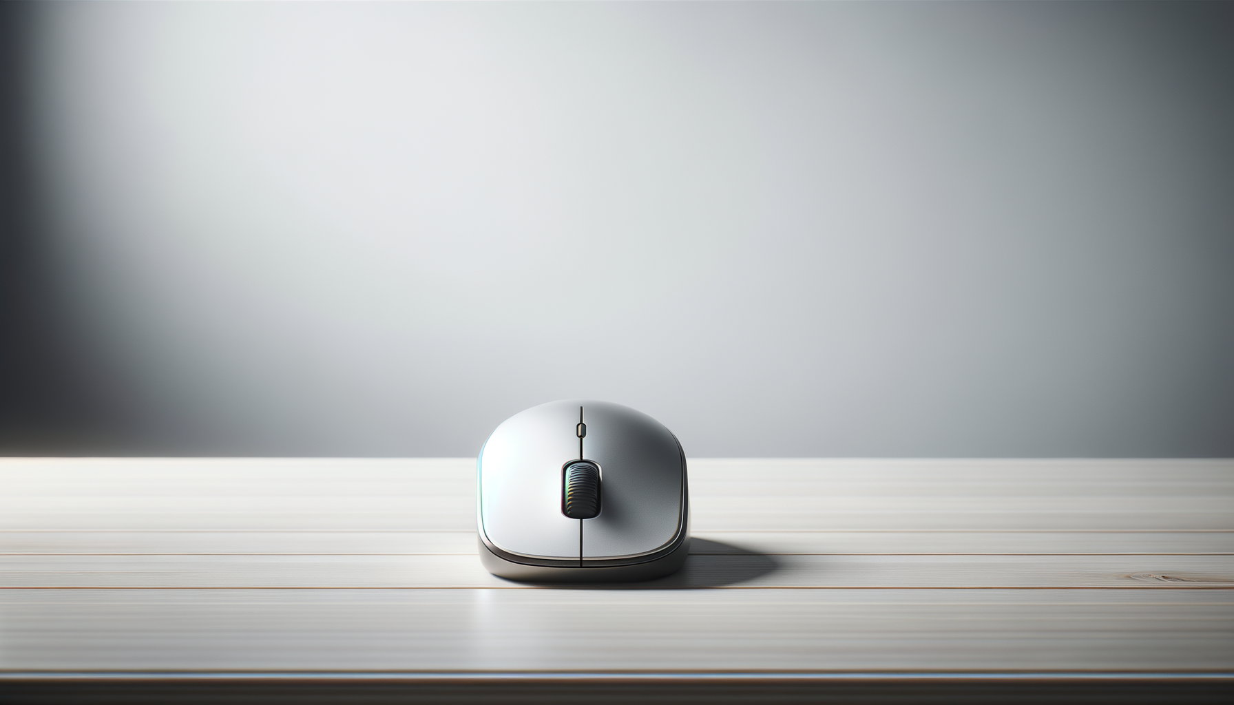 A modern computer mouse placed on a light wooden surface against a plain gray background.