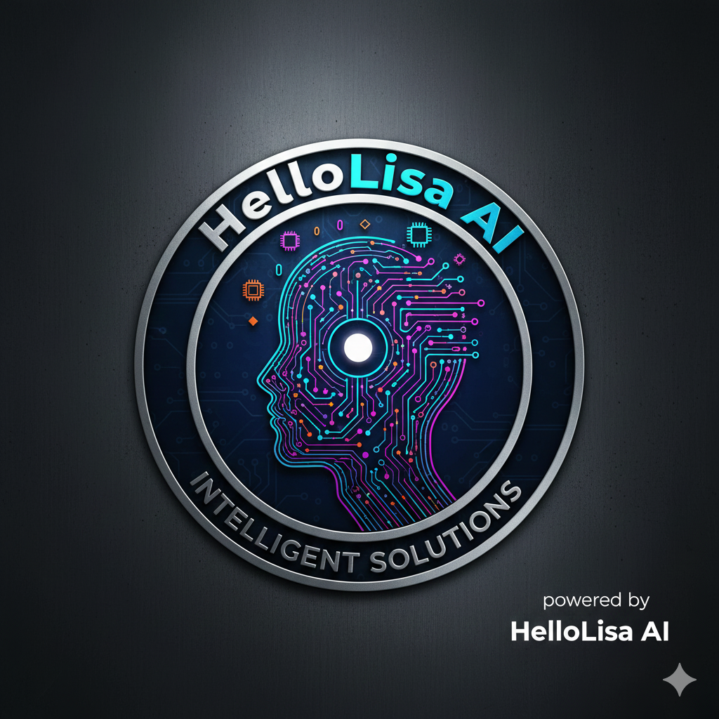 Dijital yapıda yapay zeka ve beyin temasıyla tasarlanmış çıktı, merkezde dönen devre ve beyin şekli; üstte 'Hello Lisa AI', altta 'İngilizce 'INTELLIGENT SOLUTIONS', sağda 'powered by Hello Lisa AI' yazıları bulunuyor.