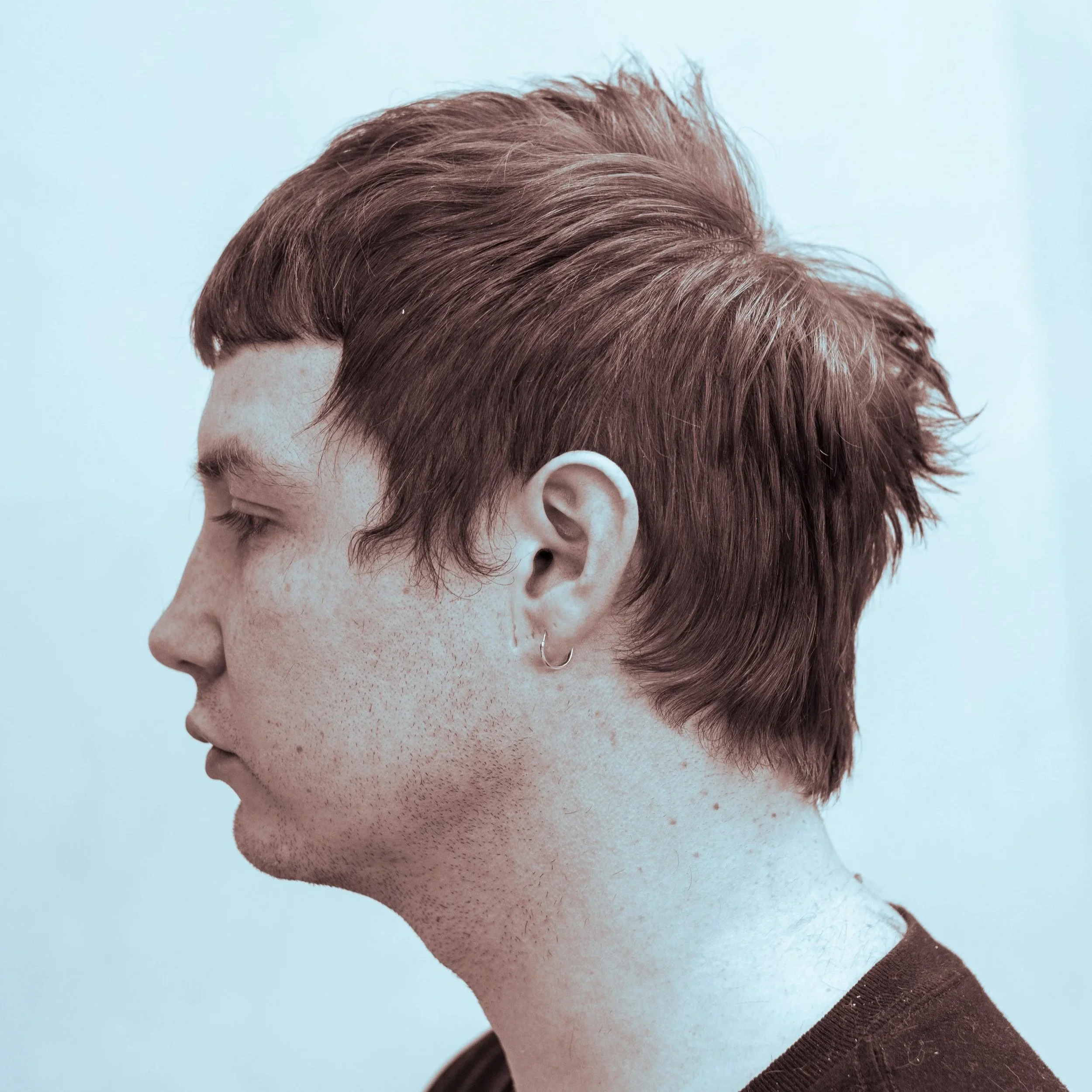 Close-up side profile of a person with short auburn hair, fair skin, freckles, wearing a small hoop earring, and a dark brown top against a light blue background.