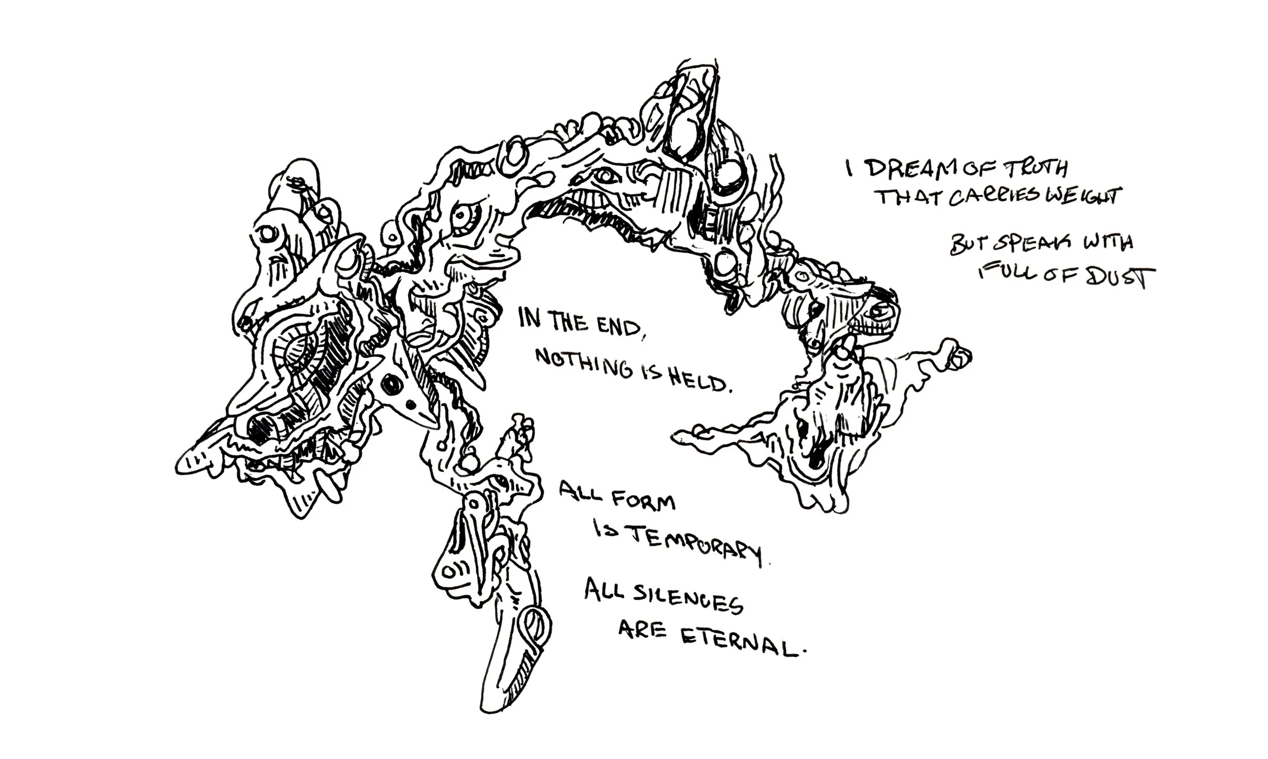 Black and white line drawing of a human heart with handwritten text surrounding it. The text includes phrases such as 'In the end, nothing is held,' 'I dream of truth that carries weight but speaks with full of dust,' and 'All form is temporary. All 