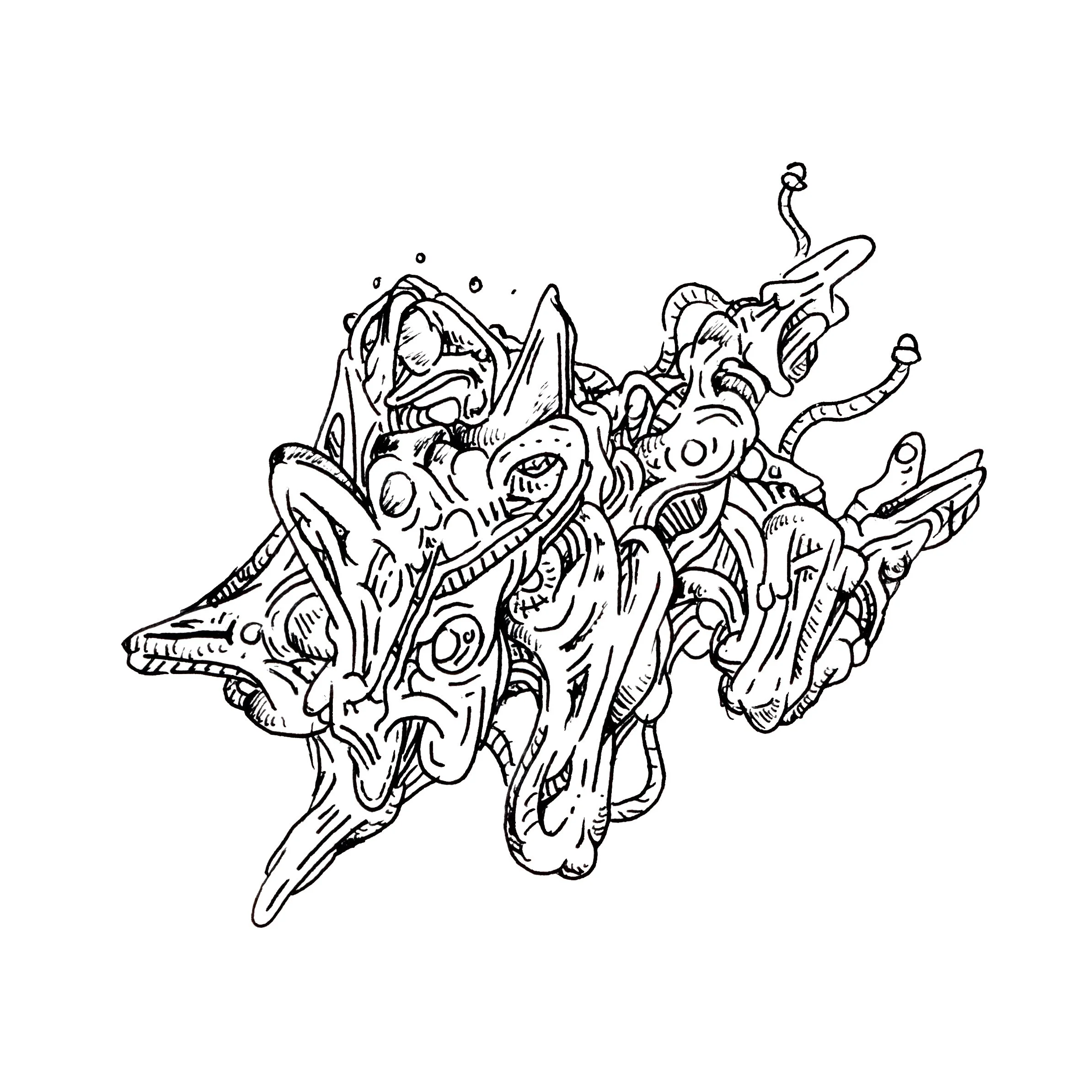 Black and white line drawing of a pile of tangled wires and cables.