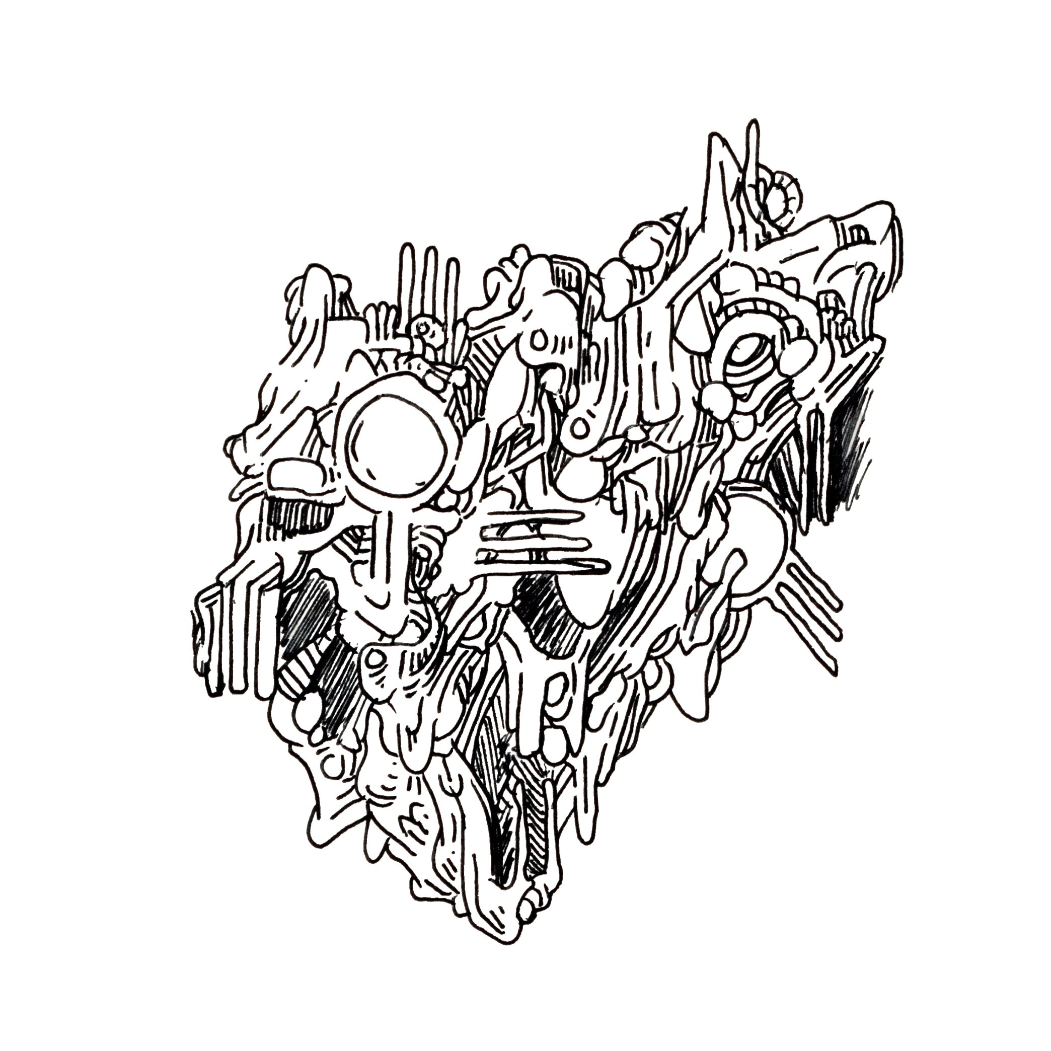 Line drawing of a human skull with a tree growing through it and extending out of the top.