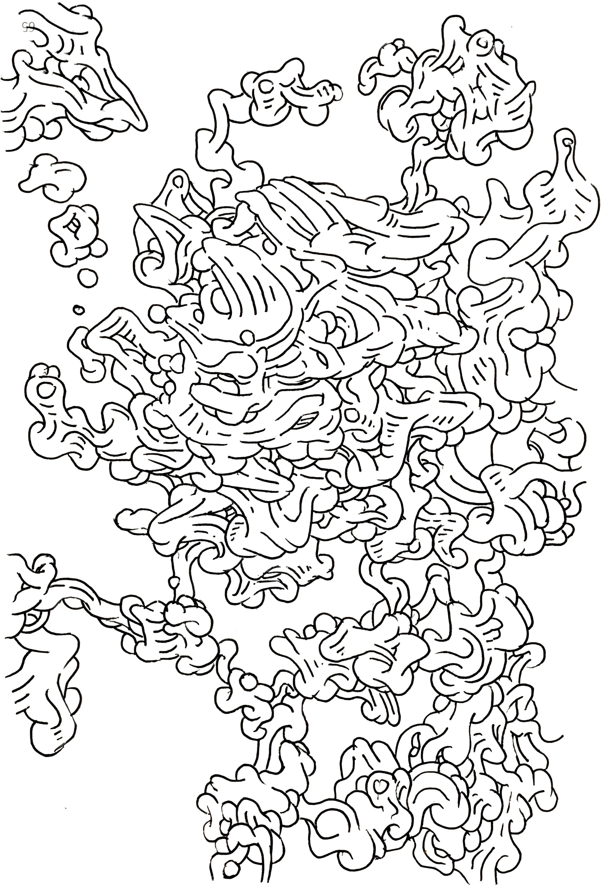Line drawing of a highly detailed, complex, and abstract chaotic scene with swirling, overlapping shapes and forms.