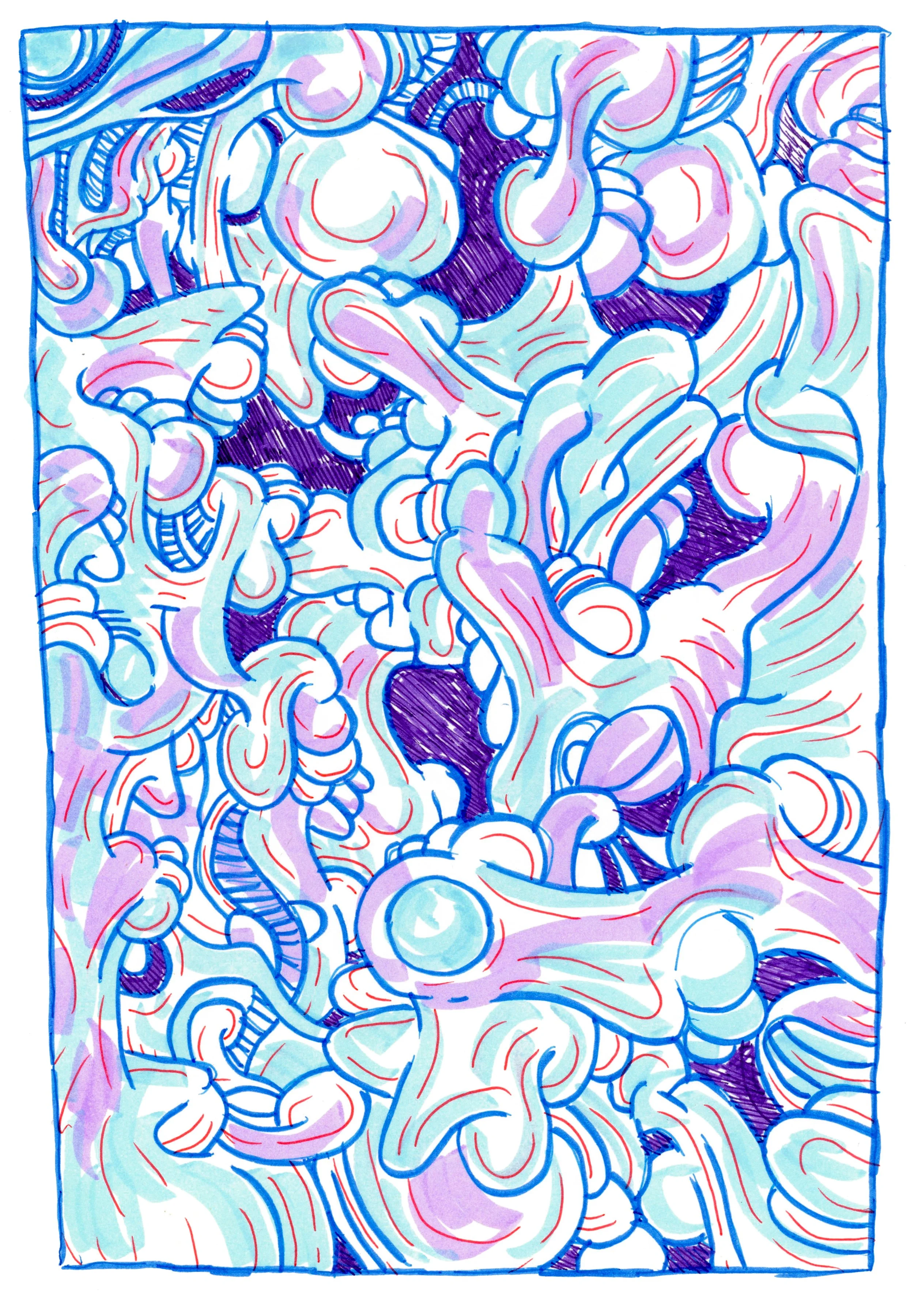 Abstract line drawing with pastel-colored shapes and blue outlines forming cloud-like and swirling patterns.