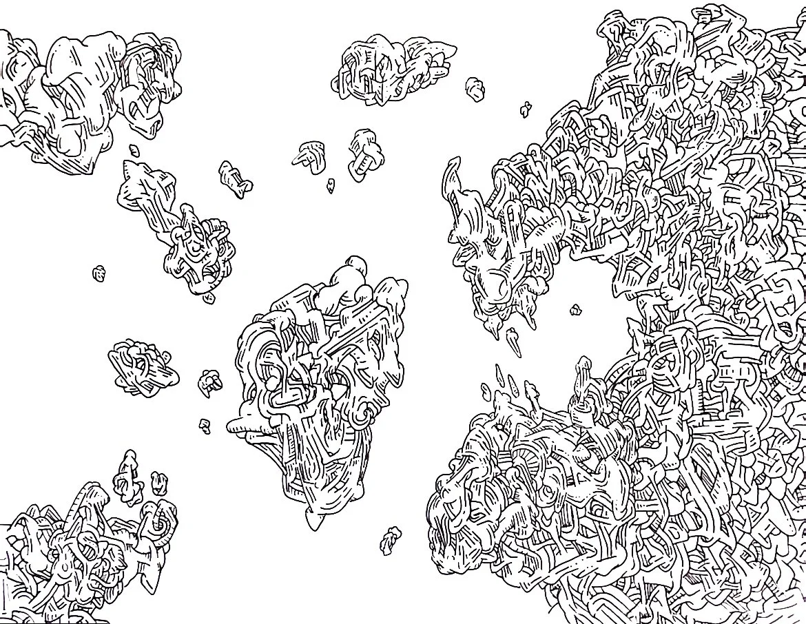 A complex black and white line drawing of multiple floating rock formations with intricate, abstract details.