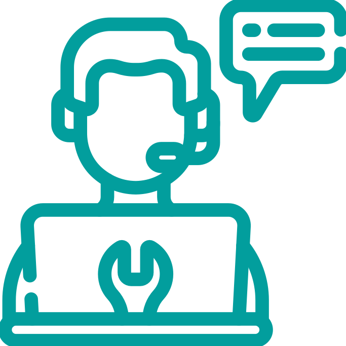 Illustration eines Kundenservice-Mitarbeiters mit Headset und Laptop, der auf einem Computer arbeitet und spricht.