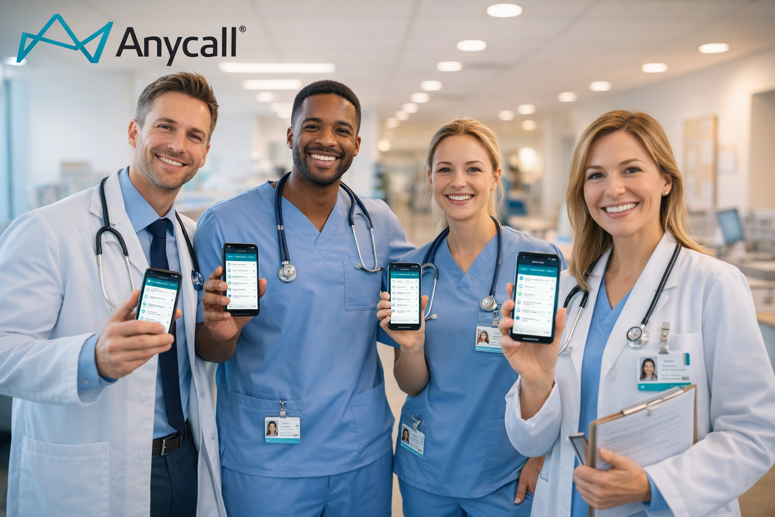 Ärzte und Krankenschwestern in einem Krankenhaus halten Smartphones mit der App 'Anycall' hoch.