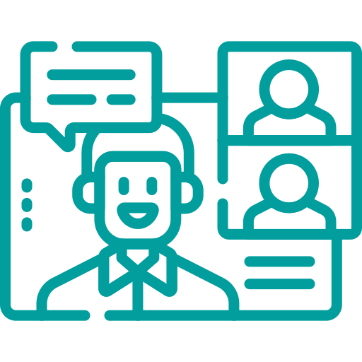 Symbolische Darstellung eines Videogesprächs mit einer Person, die spricht, und zwei weiteren Personen auf der rechten Seite.