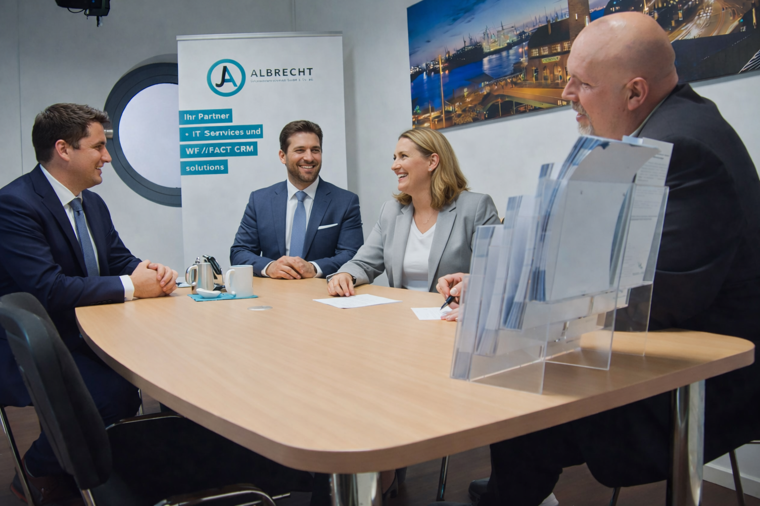 Vier Geschäftsleute sitzen an einem Konferenztisch im Gespräch, mit einem Stand im Hintergrund, der das Unternehmen Albrecht bewirbt.