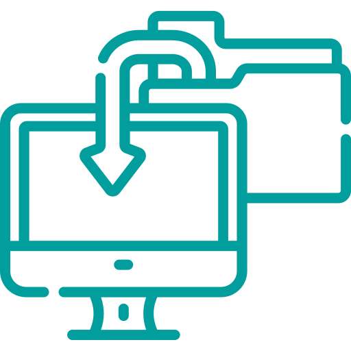Computersymbol mit Datei- und Pfeil-Icons, die auf einen Computerbildschirm zeigen, repräsentiert Datenübertragung oder -zugriff.