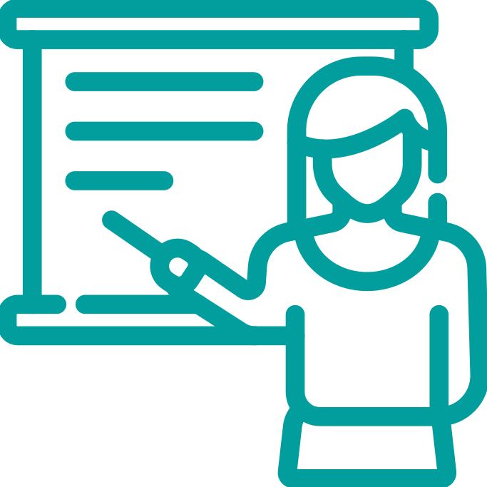 Linienzeichnung einer Lehrerin, die auf einer Tafel zeigt.