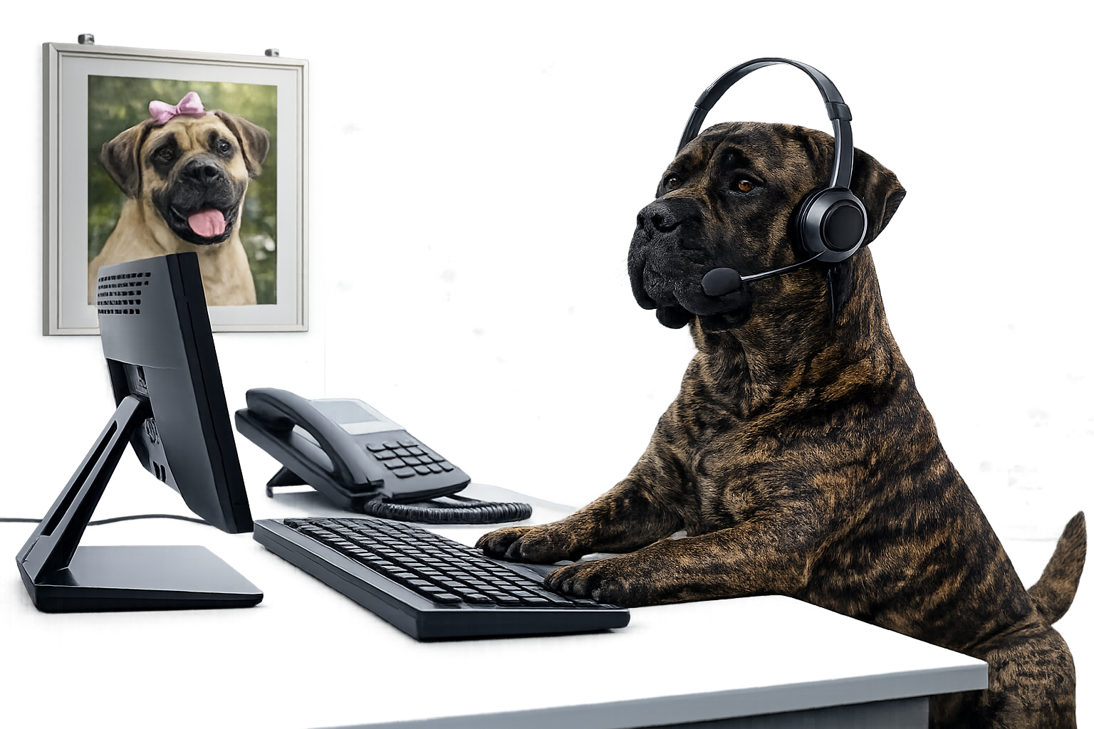 A large brindle dog wearing a headset sits at a desk with a computer, in front of a framed picture of another dog with a pink bow.