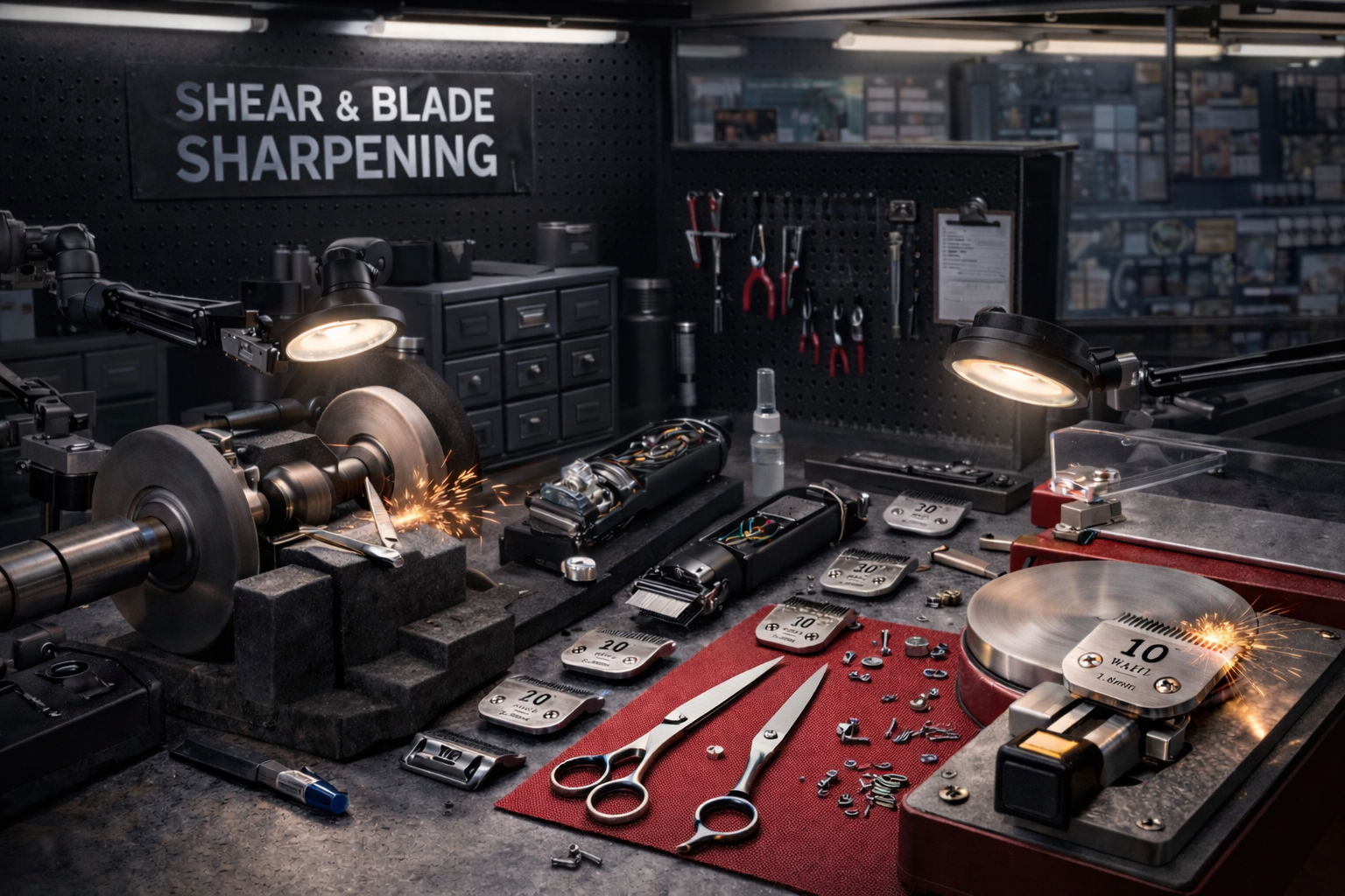 A workshop with a grinding machine during sharpening of a metal blade. The workbench has scissors, small parts, and tools, with hanging pliers and screwdrivers on the wall.