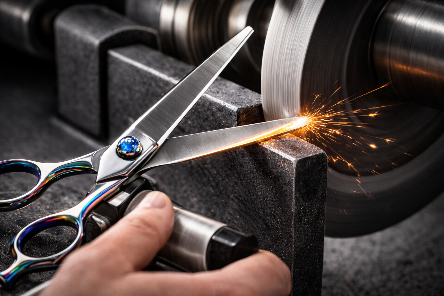 A person holding a pair of scissors close to a grinding machine that is sparking as it sharpens or pieces metal.