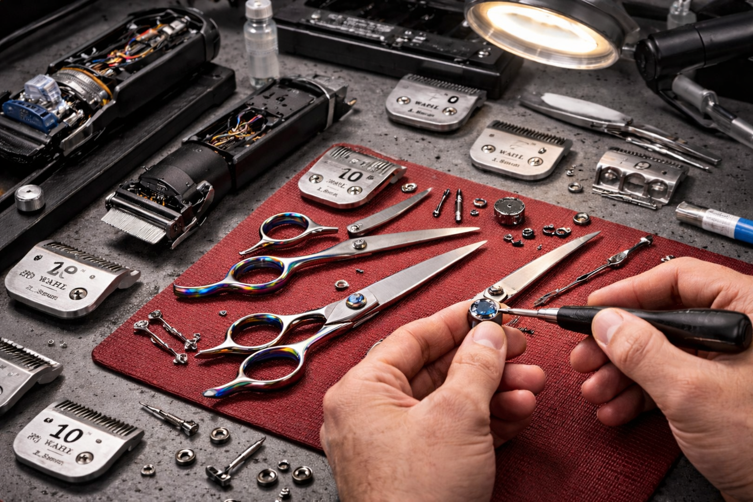 A person assembling or repairing grooming shears, clippers and blades with various watch parts, tools, and equipment on a workbench.