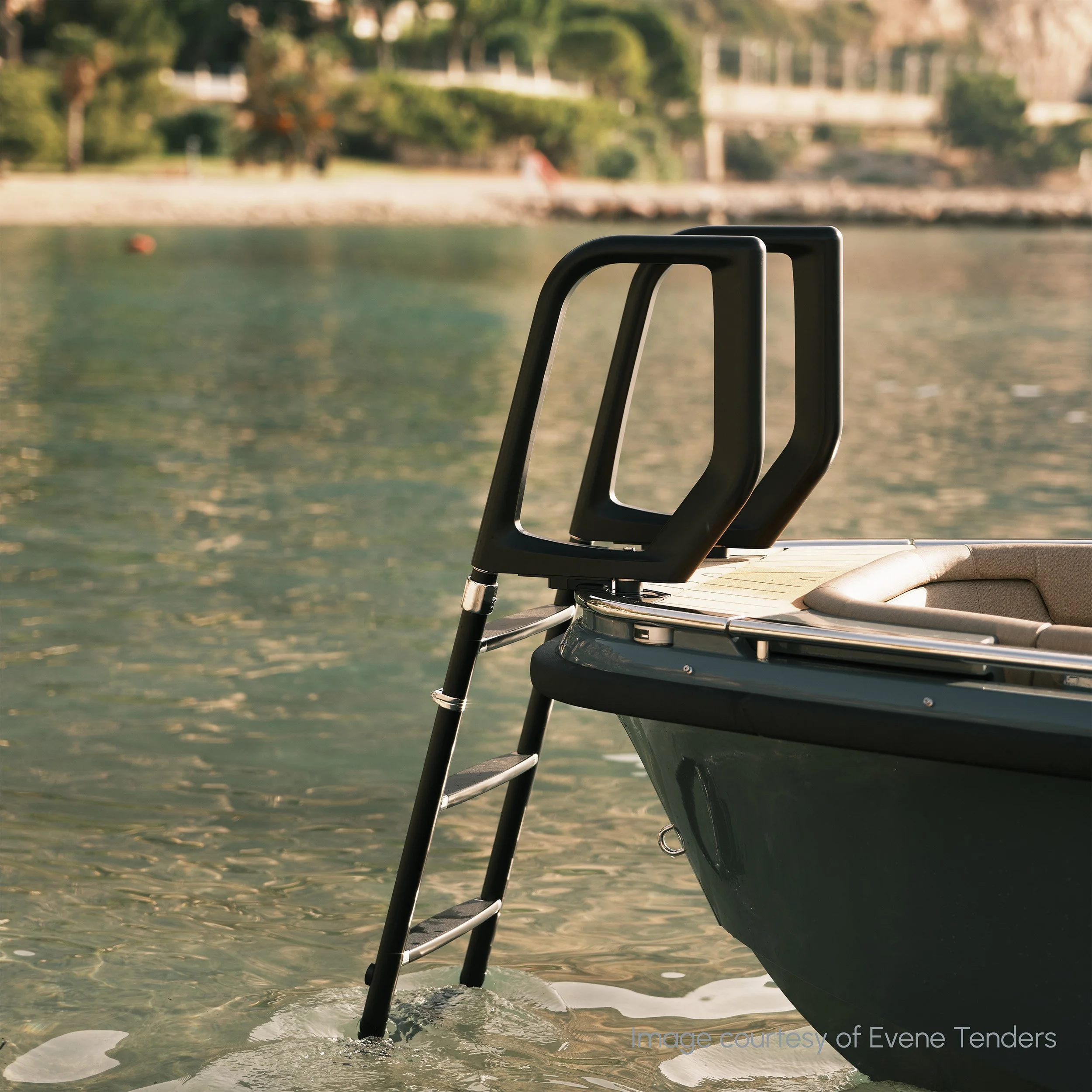 Bure Swim Ladder in stain carbon fibre on bow of Evene Tender