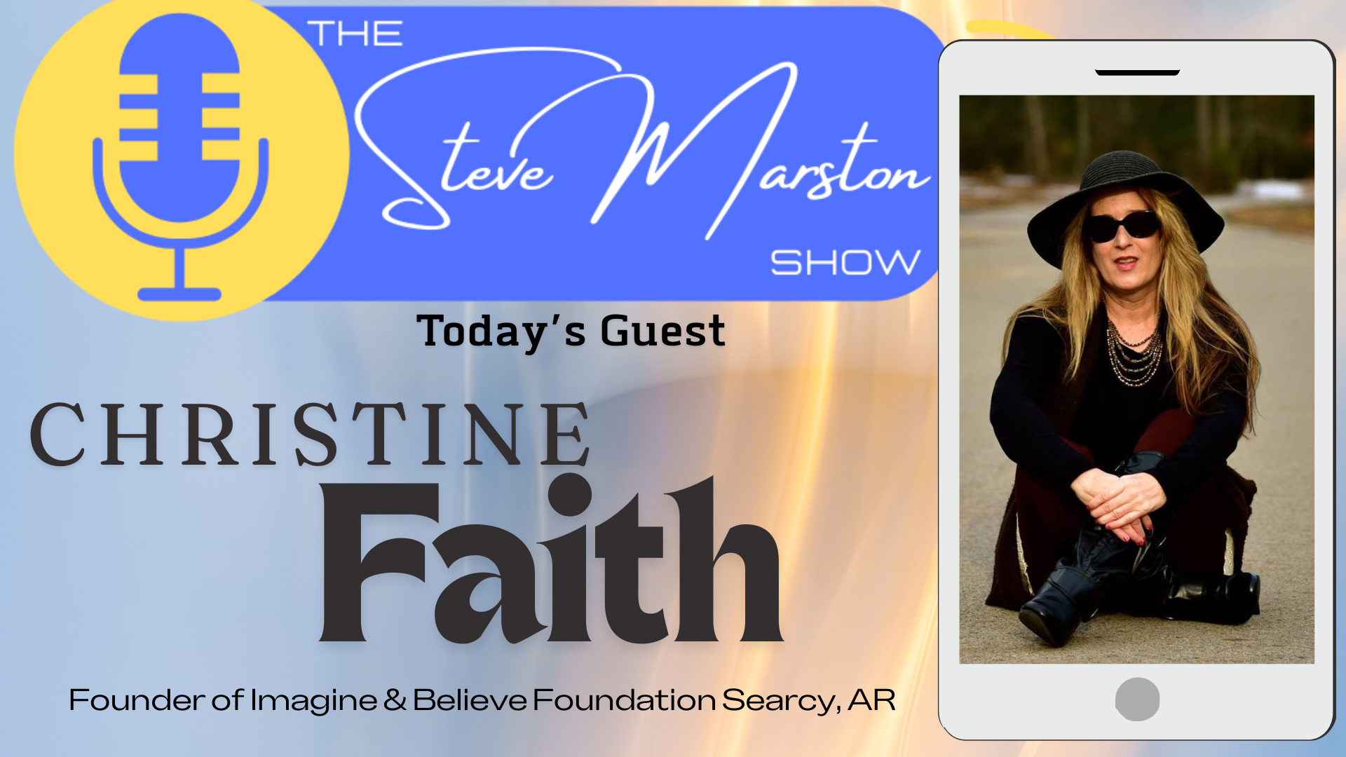 Promotional graphic for the Steve Marston Show featuring guest Christine Faith. The graphic includes a large blue and yellow microphone icon, the show title, and a photo of Christine Faith sitting outdoors on a road, wearing a black hat, sunglasses, black outfit, and holding a camera.