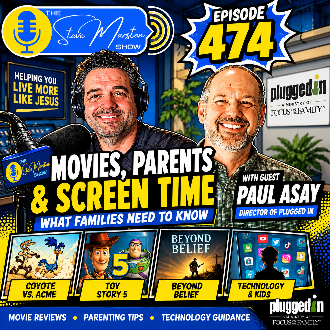 Podcast cover art for The Steve Marston Show, episode 474, featuring guest Paul Asay, with a focus on movies, parents, and screen time. The cover includes images of two smiling men in a recording studio, with movie characters and icons of social medi