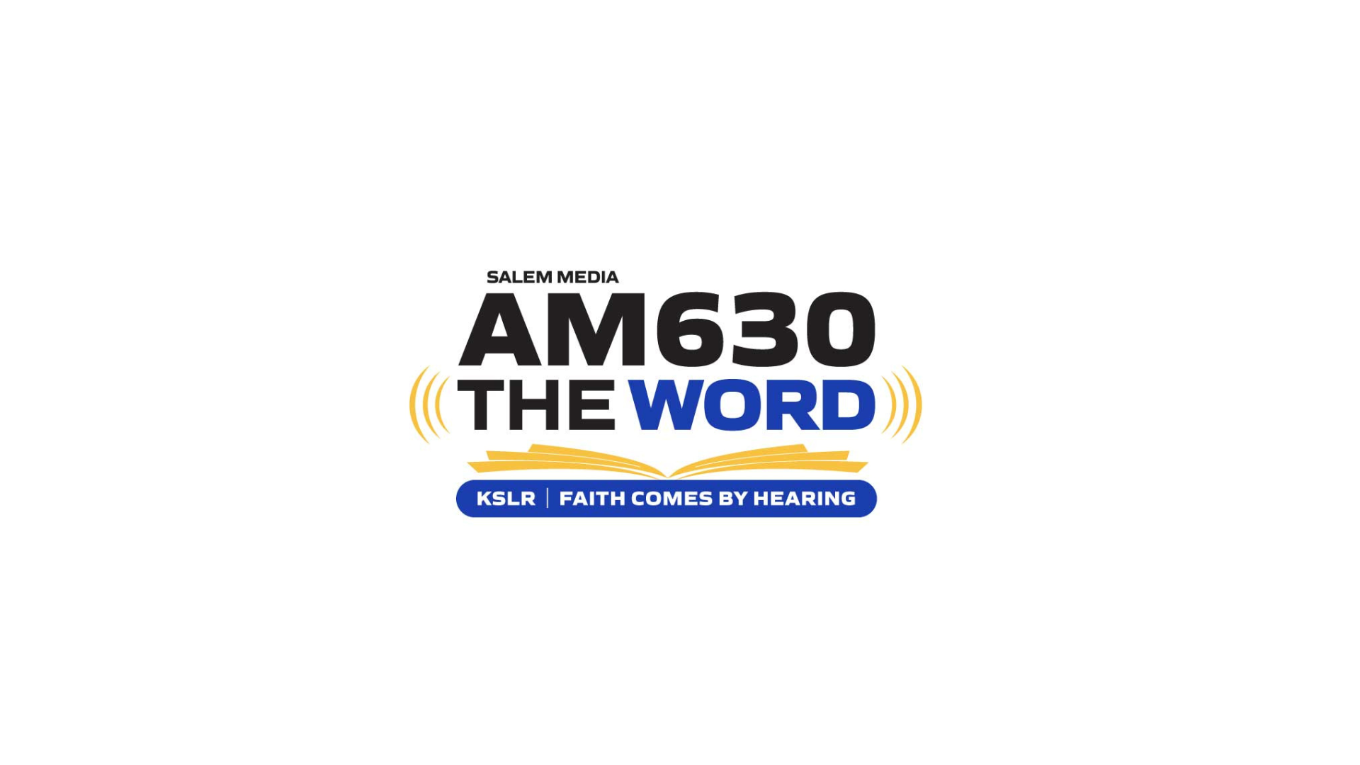 Logo for Salem Media AM 630 The Word radio station featuring text 'KSLR Faith comes by hearing' and a stylized open book with sound waves.