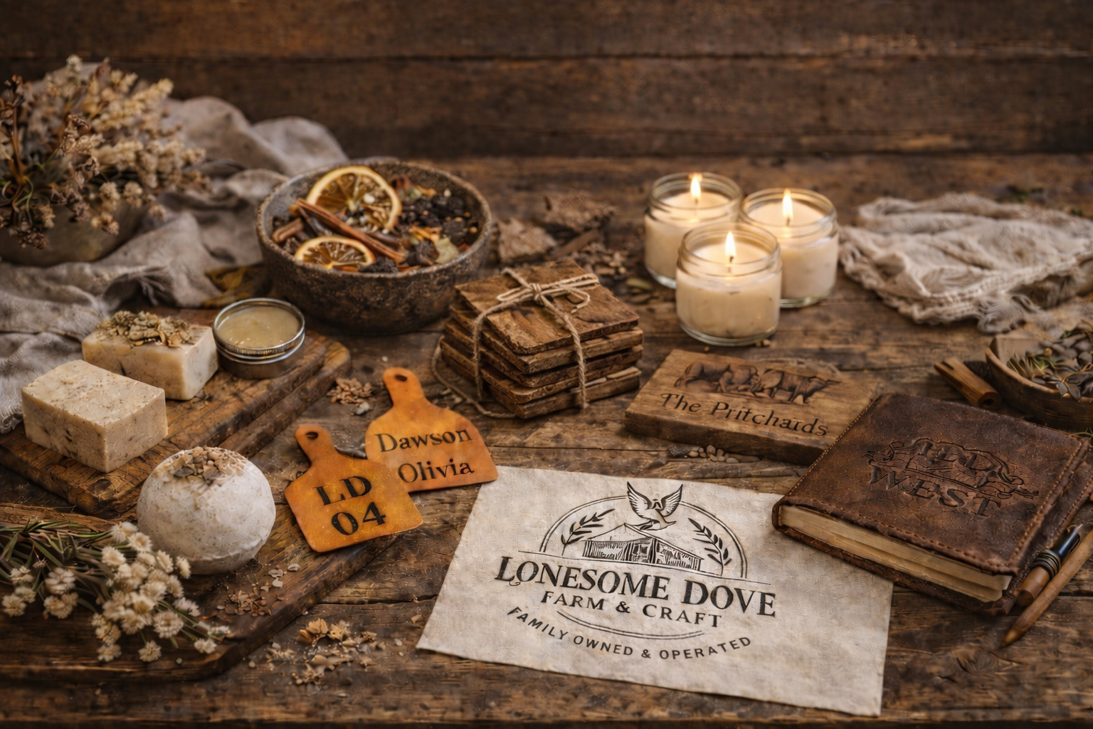 A rustic table setting with candles, cheese, dried herbs, and a sign for Lonesome Dove Farm & Craft, featuring natural and vintage elements.
