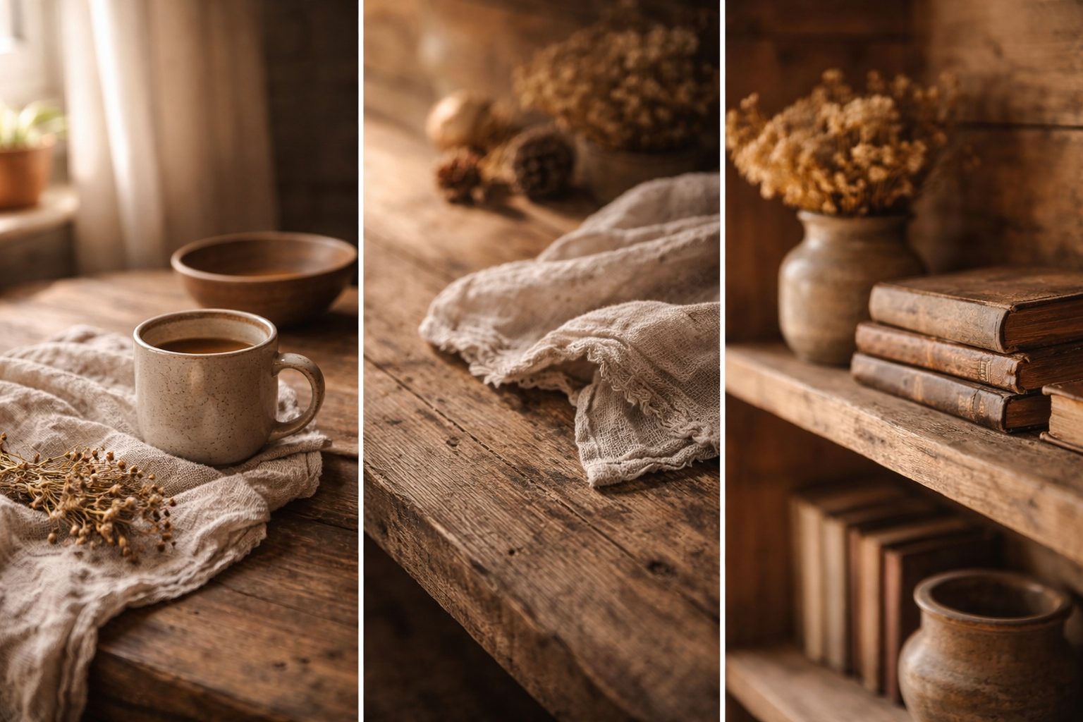 Rustic wooden table with a cup of coffee resting on a white cloth, dried flowers, and a ceramic bowl; next to a table with dried flowers, a cloth, and a wooden surface; and a bookshelf with old books and a vase containing dried flowers.
