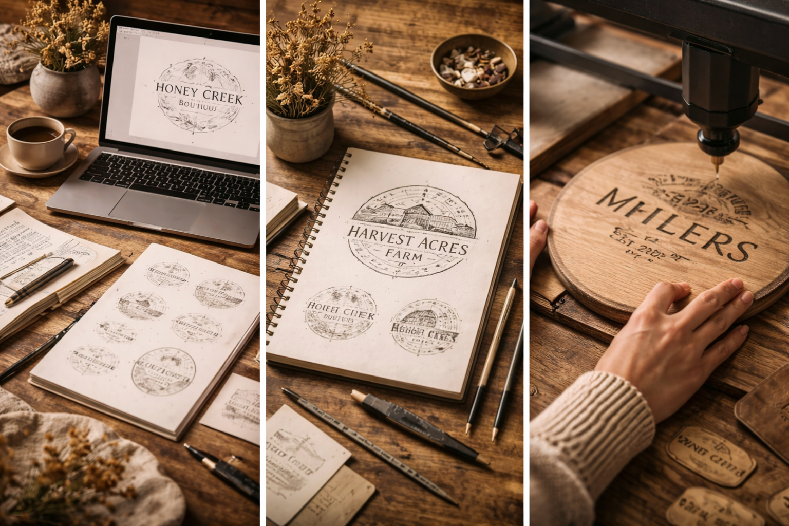 Collection of farm branding materials including logos and stamps for Honey Creek, Harvest Acres Farm, and Meilers, along with sketchbooks, pens, a computer, and wooden plaques, on a rustic wooden table.