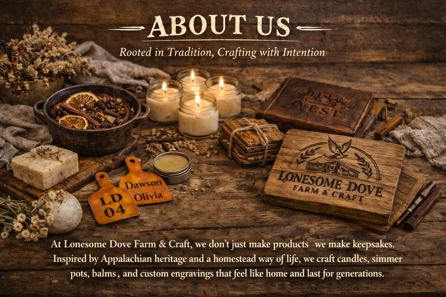 An assortment of craft products from Lonesome Dove Farm & Craft, including candles, soap, herbs, and personalized keepsakes, displayed on rustic wooden surfaces with warm ambient lighting.