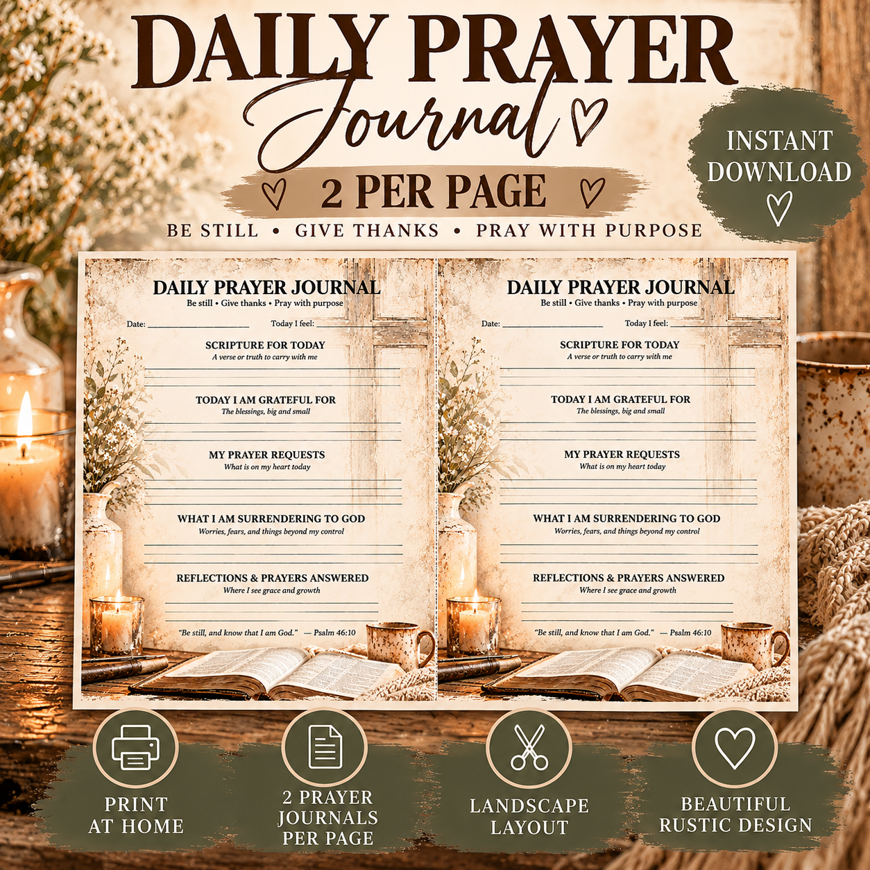 Daily Prayer Journal Printable | 2 Per Page | Rustic Christian Prayer & Gratitude Journal PDF