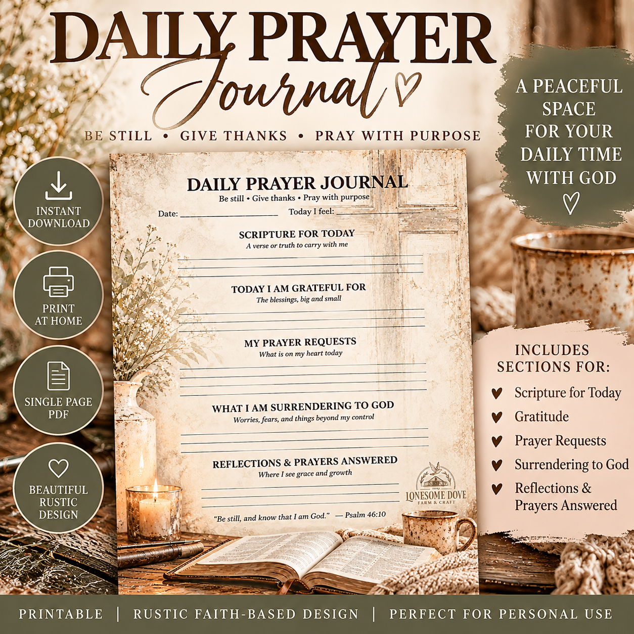 Daily Prayer Journal Printable | Rustic Christian Prayer & Gratitude Worksheet | Instant PDF Download