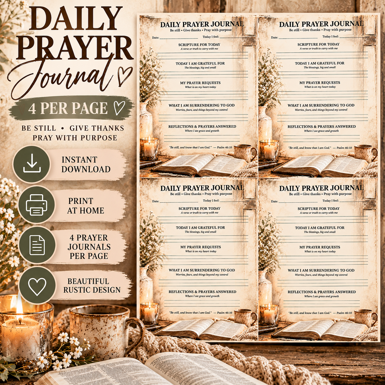Mini Daily Prayer Journal Printable | 4 Per Page | Rustic Christian Prayer & Gratitude Journal PDF