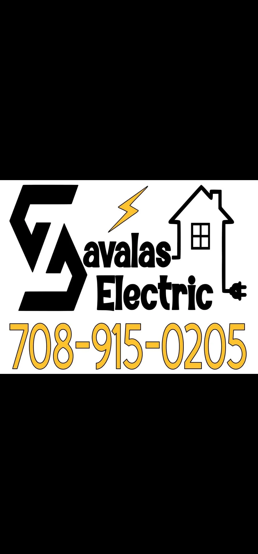 Business card for Savalas Electric showing a black and white design with an orange lightning bolt, sketch of a house, and orange phone number 708-915-0205.