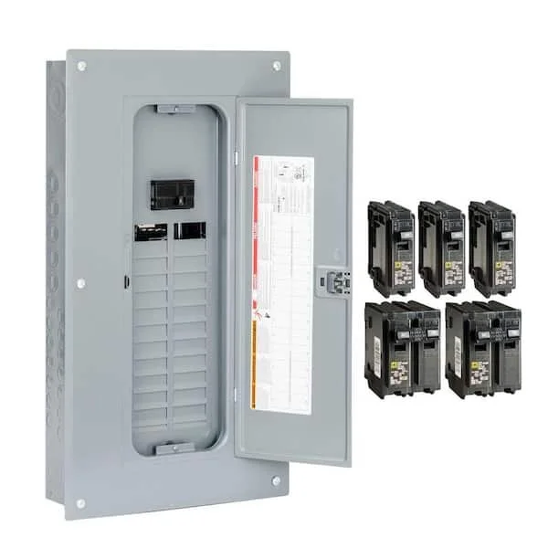 Electrical breaker panel with open door and five circuit breakers beside it.