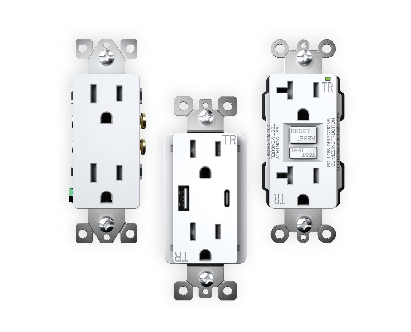 Three electrical outlet testers with different designs and labels, placed side by side on a black background.