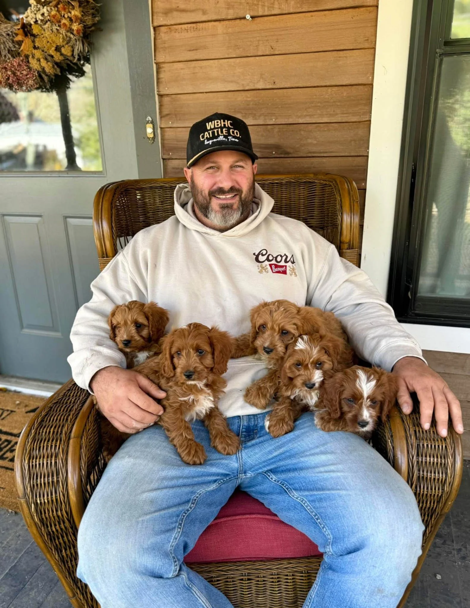 Rob sitting in a wicker chair holding five small cavapoo puppies. The setting appears to be a porch with a door, window, and wooden wall in the background at cedar creek farm connecticut dog breeder puppies for sale near me 