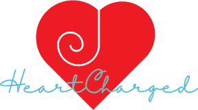 A red heart with a spiral near the center, and the words "Heartcharged" written in light blue cursive underneath.