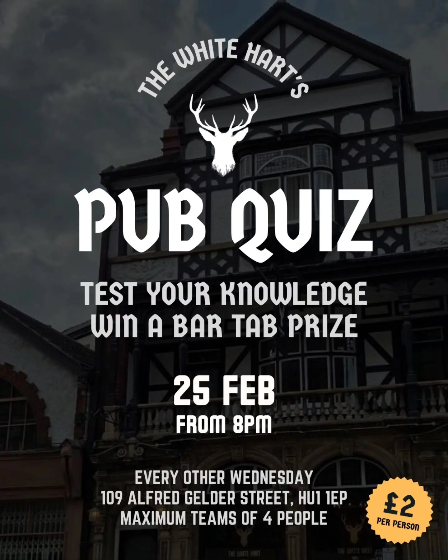 NEXT WEEK we are launching our pub quiz! Test your knowledge, drink some beer, eat some tacos and maybe win a bar tab prize! Book your tables at whiteharthullpub.co.uk