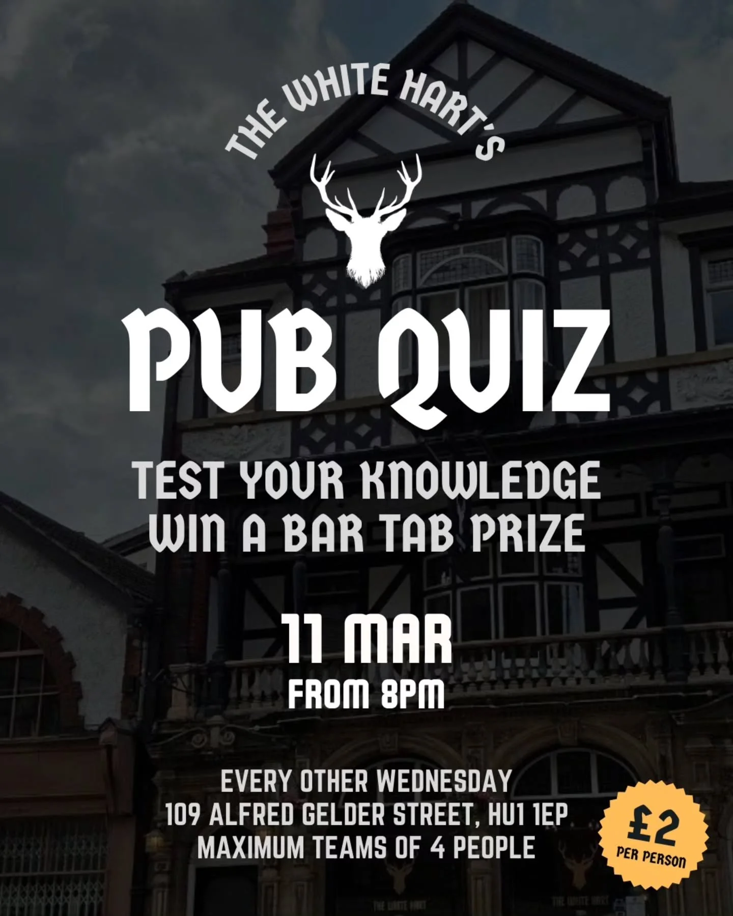 THIS COMING WEDNESDAY we've got our next pub quiz on, come down, have some beers and some scran and maybe just maybe win a bar tab prize 🍻 book your tables at whiteharthullpub.co.uk