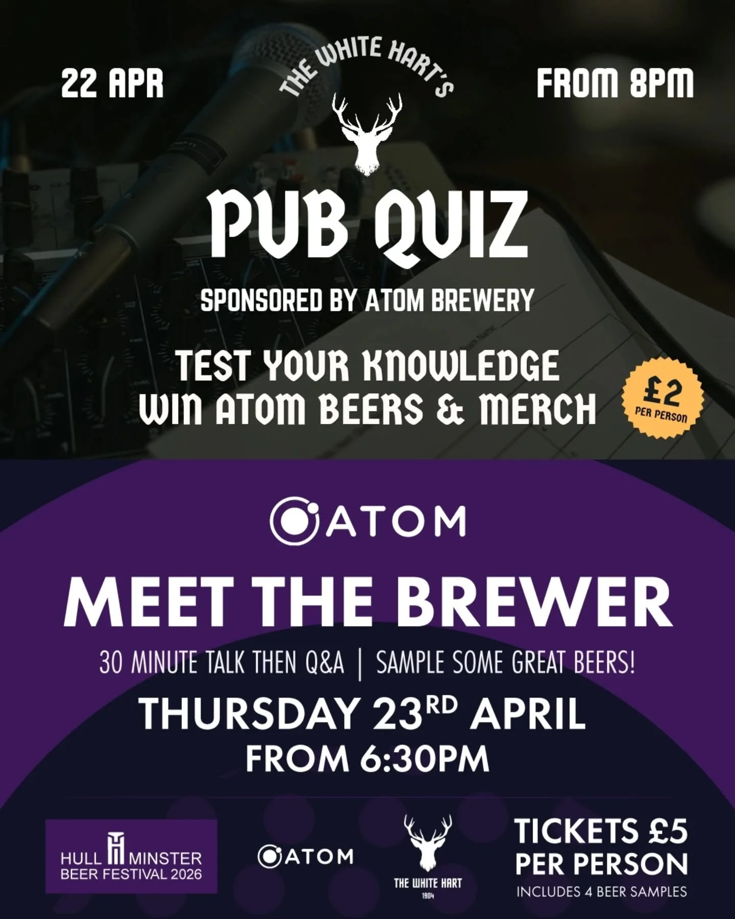 @atombeers PUB QUIZ NEXT WEDNESDAY //MEET THE BREWER NEXT THURSDAY

Join us for our usual pub quiz but with a beer theme, test your knowledge to win Atom prizes.

And then for just &pound;5pp join Atom's brewer Ollie for a guided tasting, talk then Q