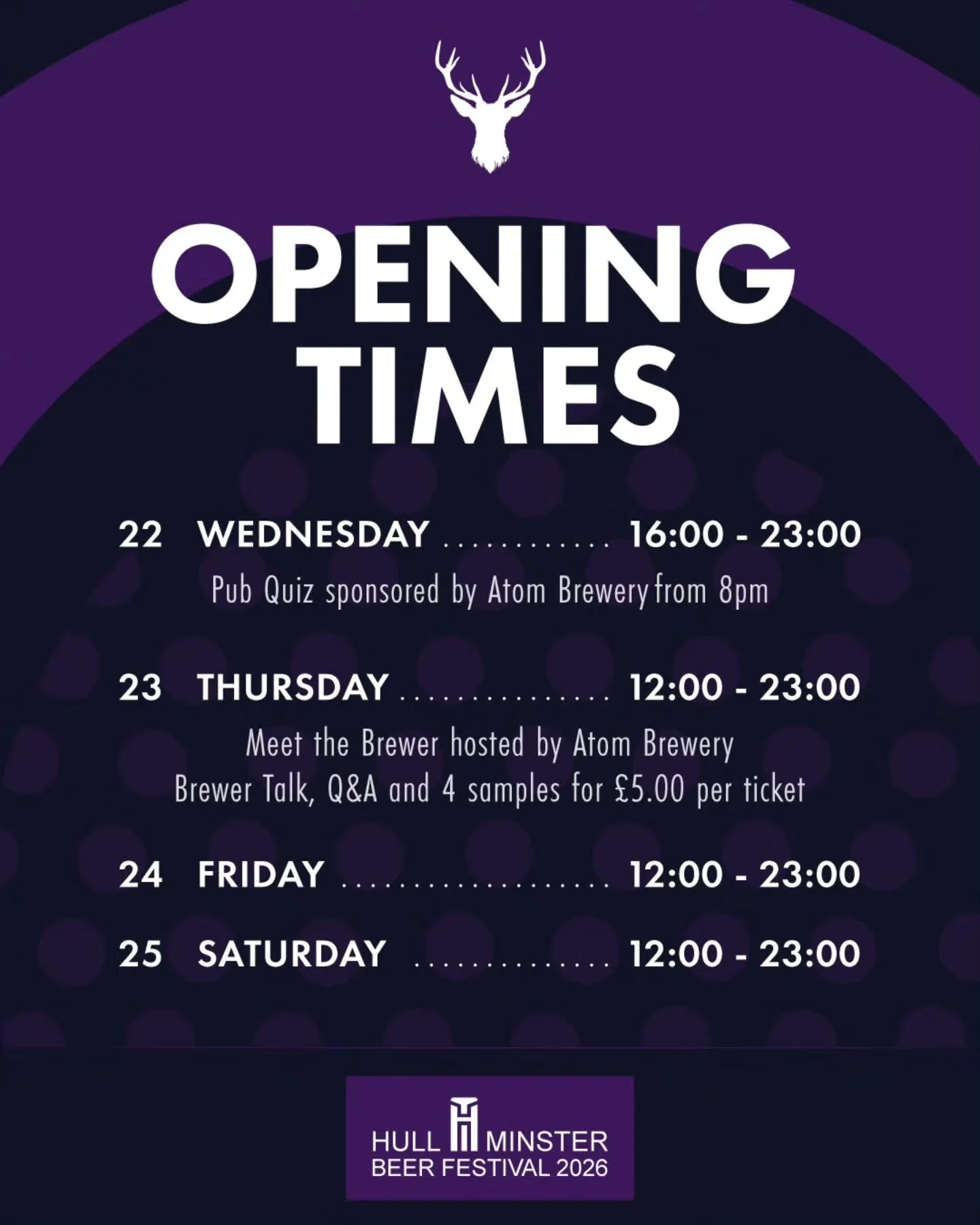 HULL MINSTER BEER FESTIVAL OPENING TIMES - We're opening our doors a little earlier this Thursday to welcome everyone from the beer fest. 

Don't forget about our beer themed quiz this Wednesday, with a chance to win some beers &amp; merch from @atom