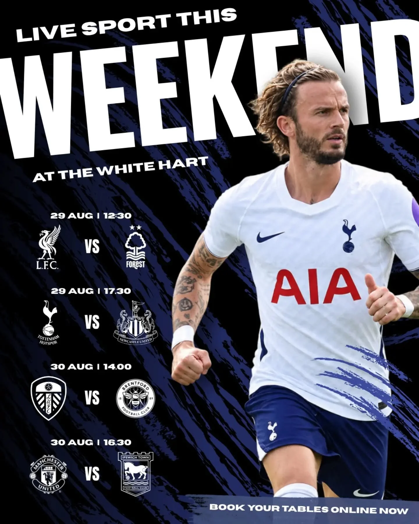 BIG FIXTURES THIS WEEKEND ⚽️ all other major fixtures shown as well - book your tables online at whiteharthullpub.co.uk