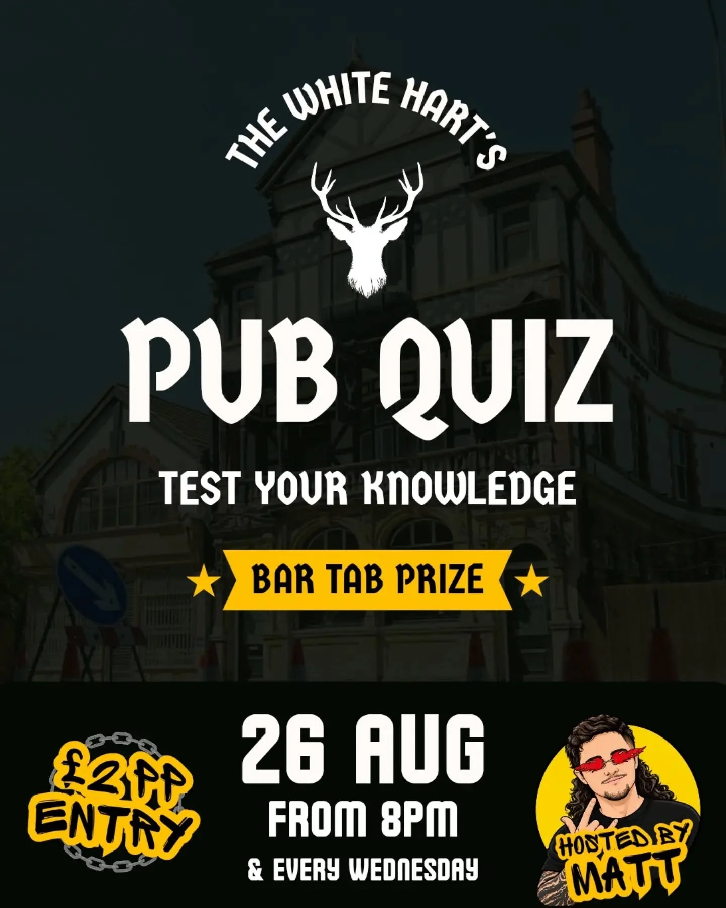 TONIGHT! Big Willy is on his big holidays so you're all stuck with me tonight - as always prepare for 5 rounds of questions to test your knowledge and be in with the chance to win a &pound;30 bar tab! See you shortly!
