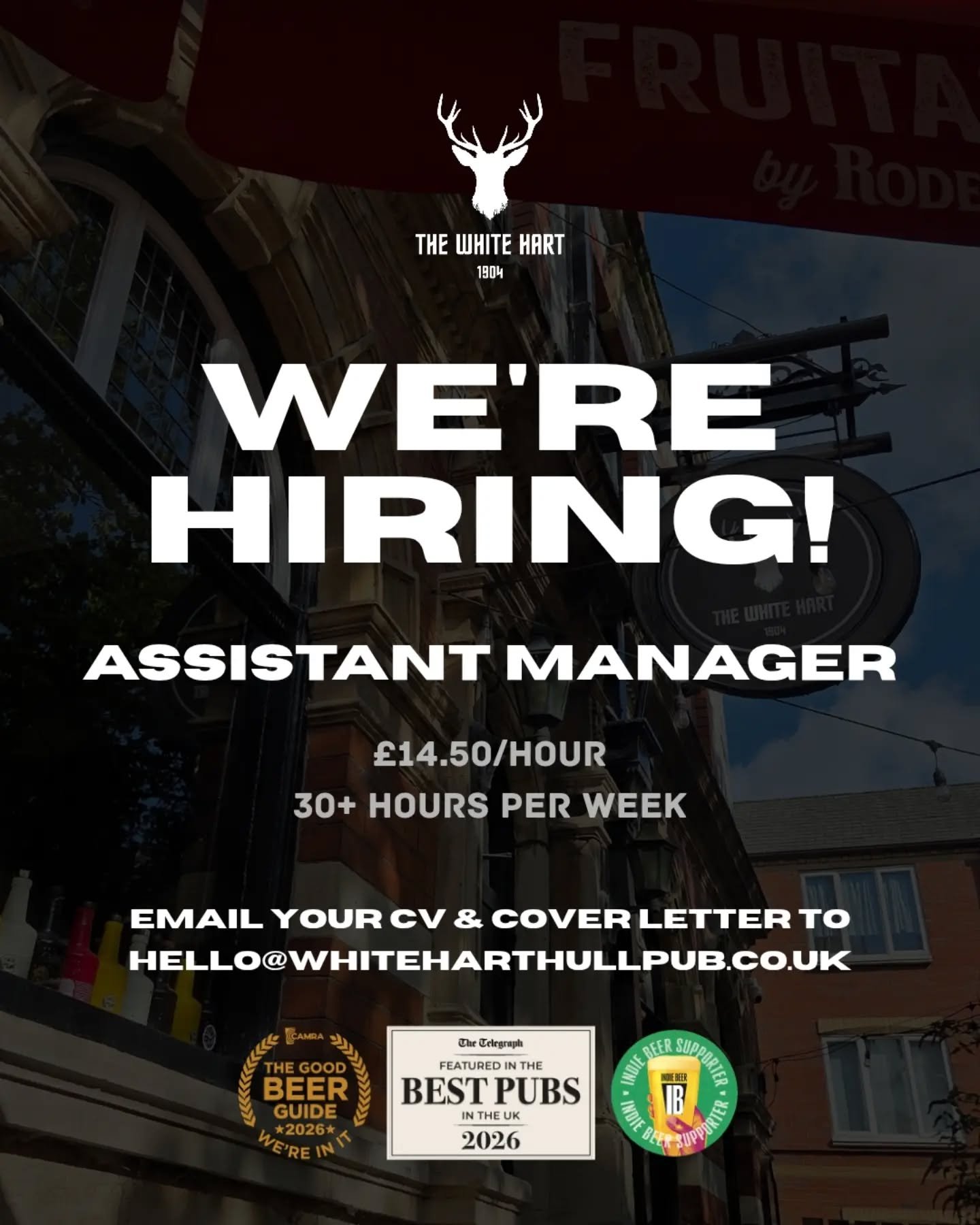 WE'RE HIRING! 🍻 Have a read below, and if this sounds like your jam, send your CV &amp; cover letter over to hello@whiteharthullpub.co.uk 

Assistant Manager - 30+ hours per week (&pound;14.50/hour)
We're looking for someone with solid bar experienc