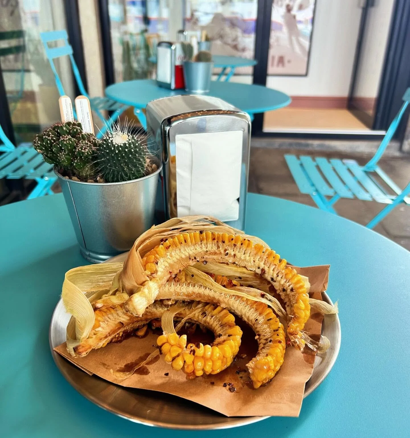 A plate of roasted ears of corn on a table in a cafe with turquoise chairs and matching tables, a potted cactus plant, and a metal napkin dispenser.