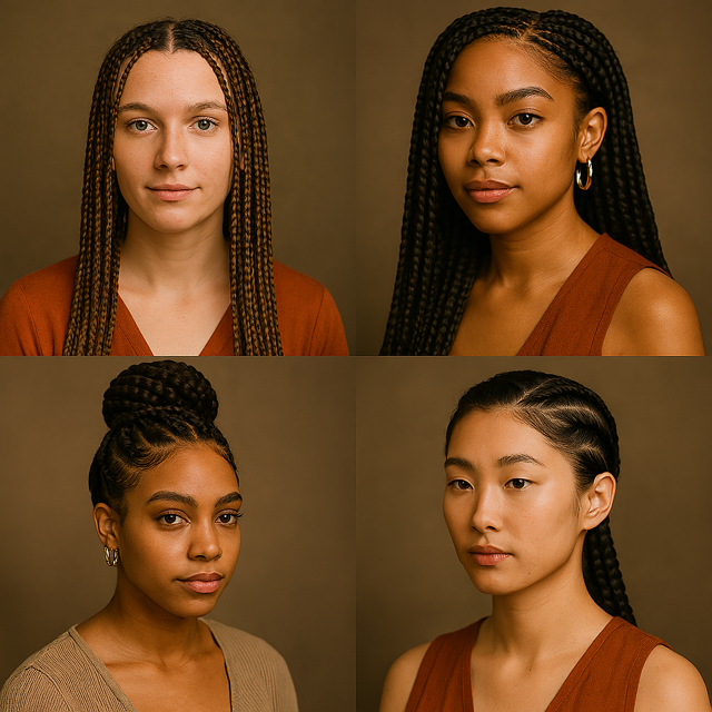 Four women with different ethnic backgrounds pose against a brown background, each with distinct hairstyles and wearing casual tops.